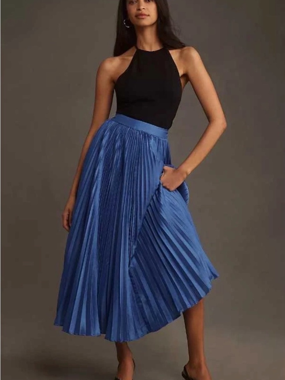 Blue pleated midi skirt